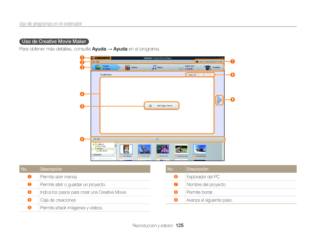 Samsung EC-WB850FBPBIL, EC-WB850FBPBE1, EC-WB850FBPBAE, EC-WB850FBPBTW manual Uso de Creative Movie Maker , Explorador del PC 